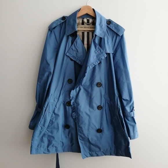 Burberry Double Breasted Blue Nylon Trench Coat Ruffle Trim Waist Belt US 12 - Picture 3 of 17